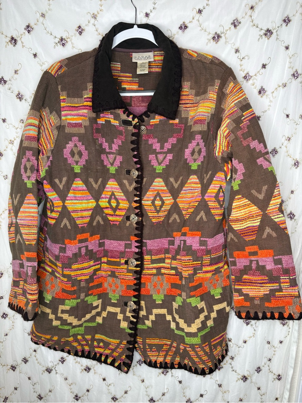 Brown Geometric Pattern Blazer Jacket with Contrasting Collar
